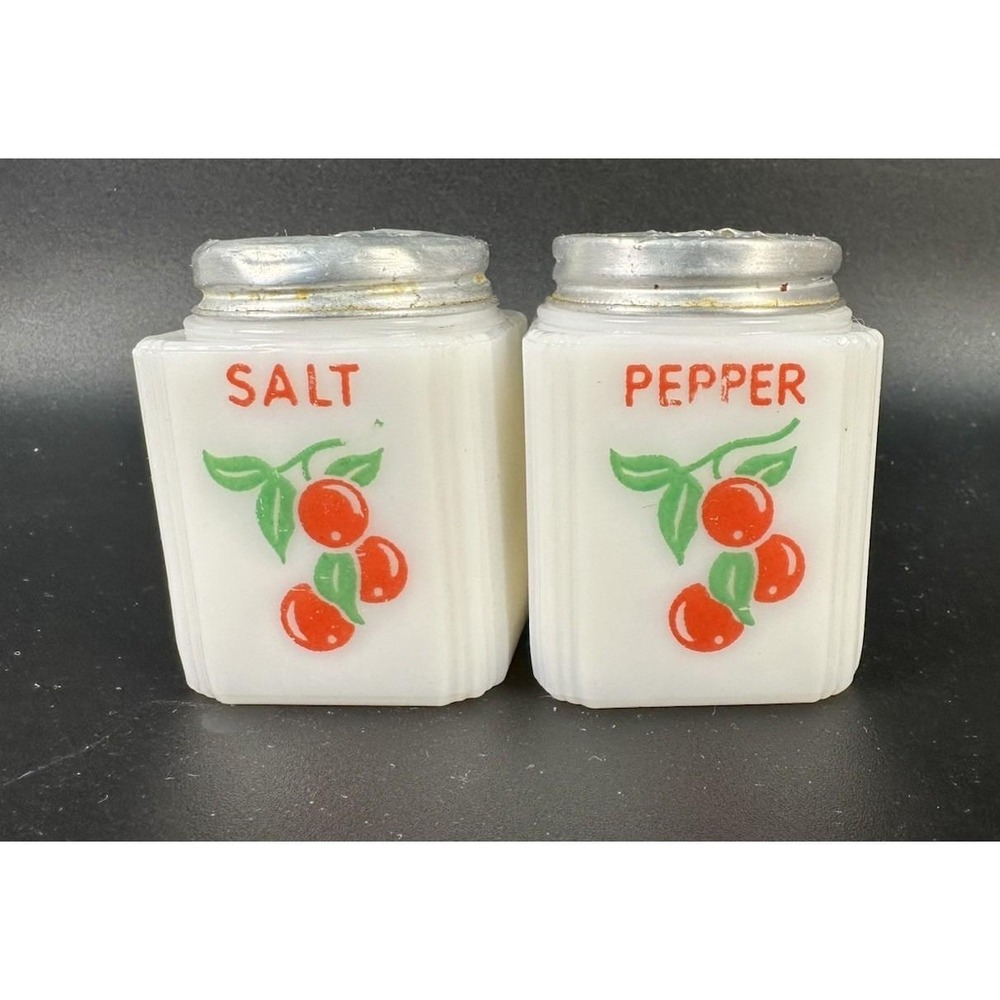 VTG McKee/Tipp City Milk Glass Salt Pepper Shakers Cherry Cherries Aluminum Lids